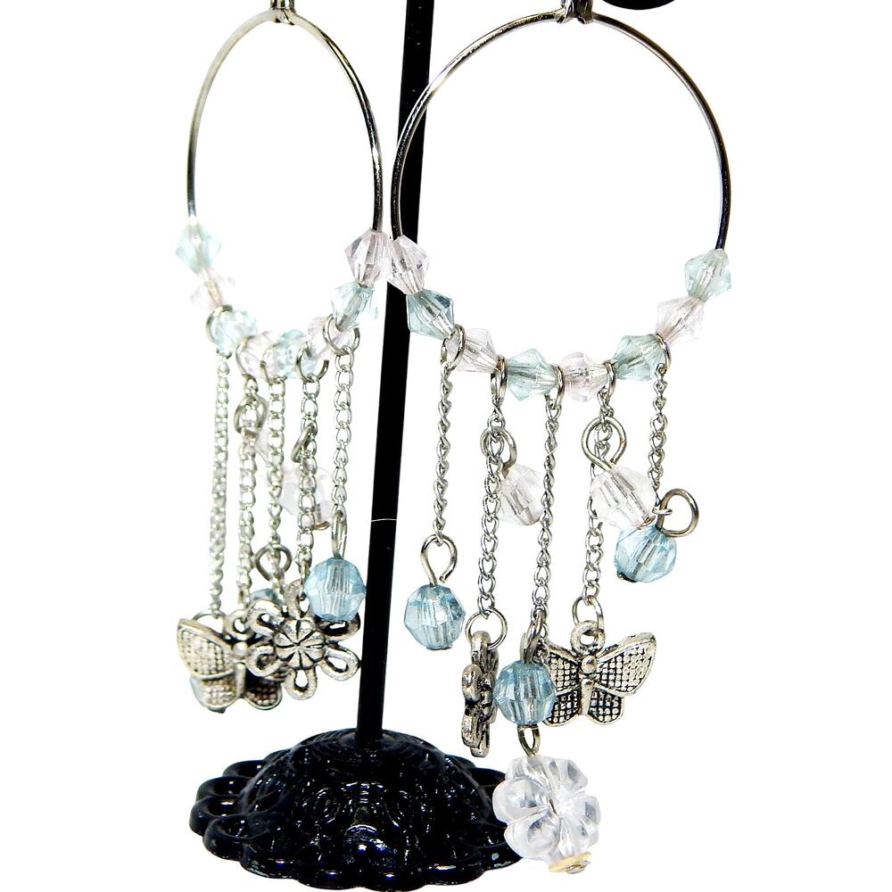 Vintage Hoops With Dangling Blue Charms Earrings